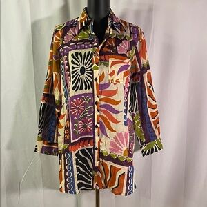 True Destinations Multicolor Printed Button Front Cotton Tunic Top